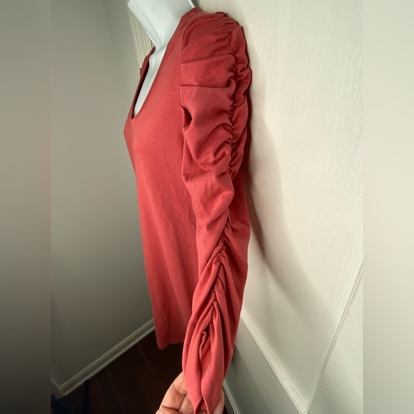 Sundry Anthropology NWT Rust Sheath Dress with Ruched Puff Sleeves - Picture 3 of 8